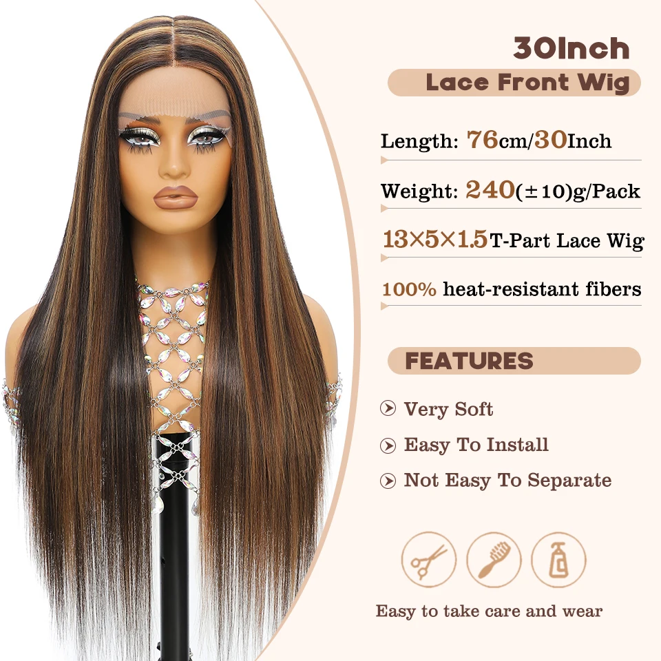 Lace Front Wigs 30 Inch Synthetic Straight T Part Lace Wigs For Afro Female High Temperature Fiber Pink Blonde HD Lace Women Wig