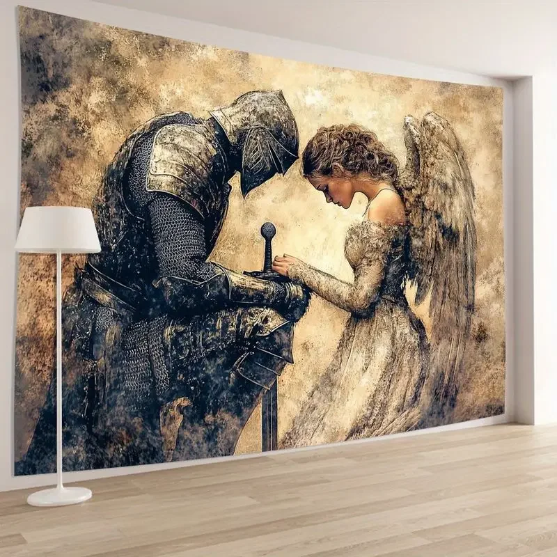 VIKAMA Medieval Knight Armor Winged Angel Tapestry Sepia Vintage Fantasy Wall Hanging Living Room Bedroom Wall Art Decor