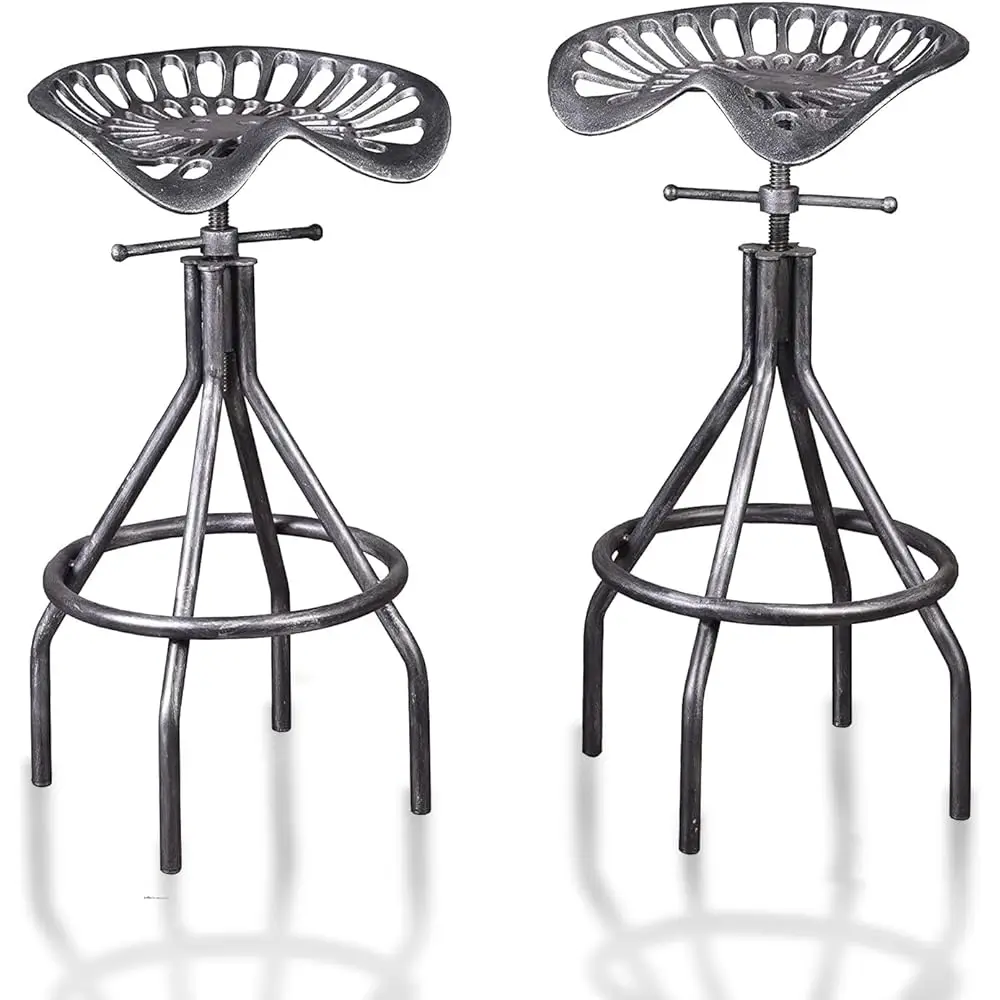 Set Of 2 Rustic Industrial Bar Stool-Cast Iron Tractor Seat Stool-Adjustable Counter Height Swivel Breakfast Bar Stool-Rustic
