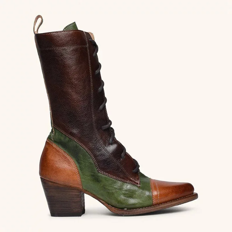 bottes-vintage-en-cuir-a-lacets-pour-femme-style-vintage-vert-marron-patchwork-bout-pointu-talon-en-bois-mi-mollet