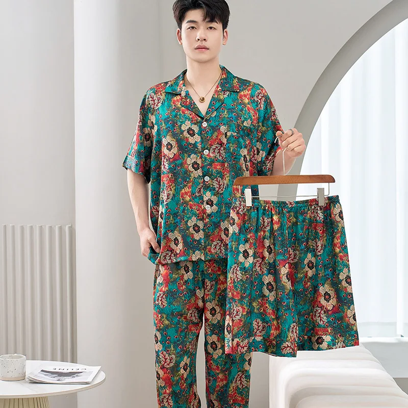 2024 Spring/Summer New Pajamas for Men's Luxury Short Sleeved Long Pants With Cardigan Print  External Wear Home Clothing