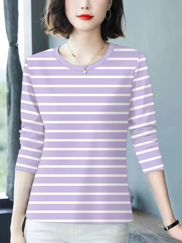 

Casual Style Long Sleeve T-Shirt Women's Loose Fit round Neck Striped Top Ageless Fashion for Middle-Aged And Elderly Ladies