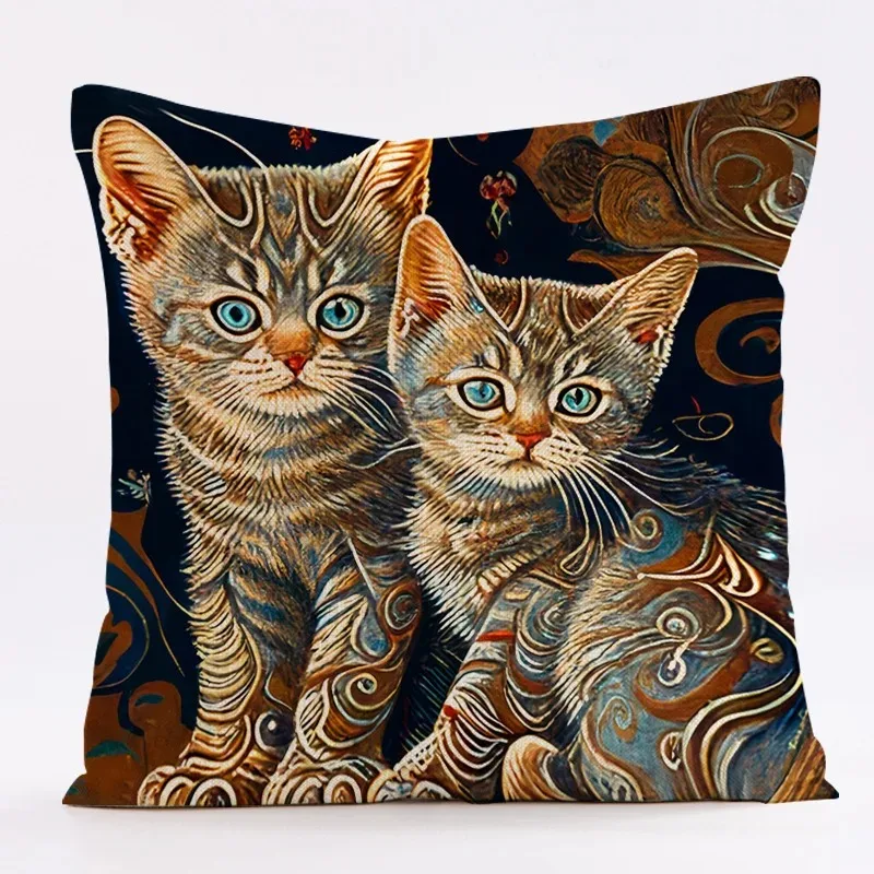 New Art Mural Kitten Print Series Pillowcase Sofa Animal Design Retro Cushion Cover 45x45 Cm