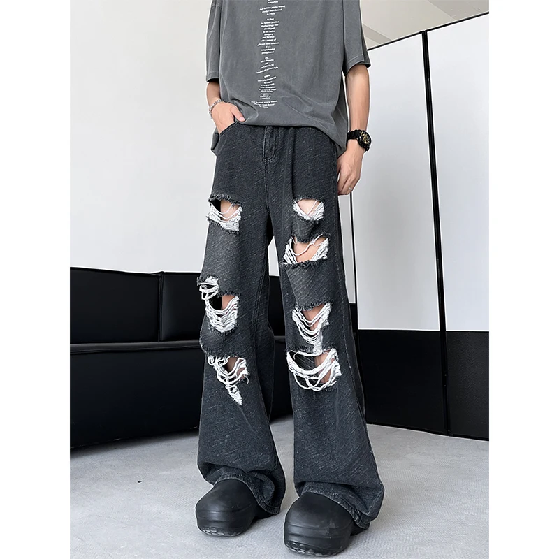 [OIMG] Paris Damaged Washed Hole Jacquard Jeans Men's Micro Ragged Wide Legged Floor Dragging Pants