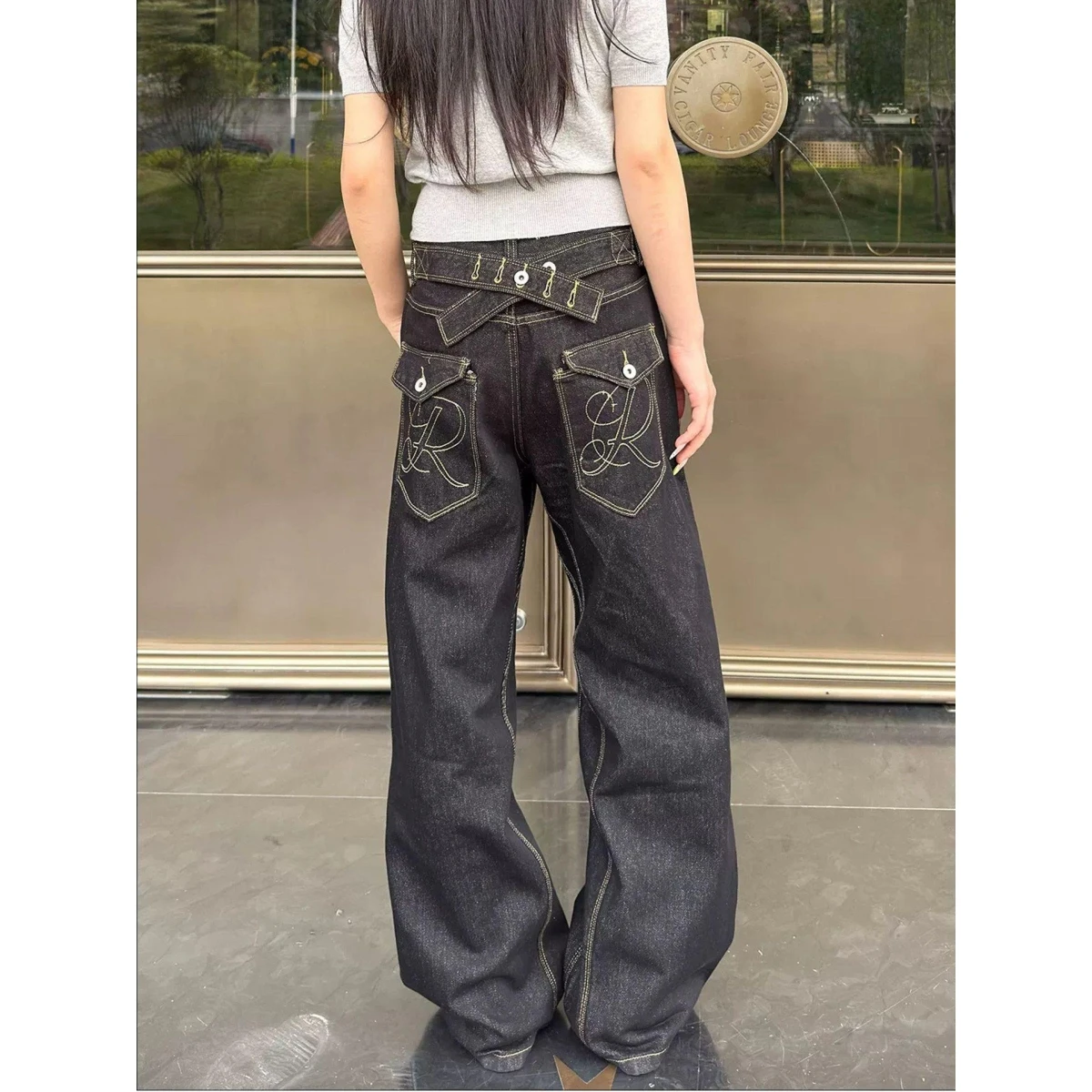 Paris Buckle Embroidered Denim Jeans Women's Straight Leg Original Blue Cleanfit Casual Pants mid Waist Zipper Fly