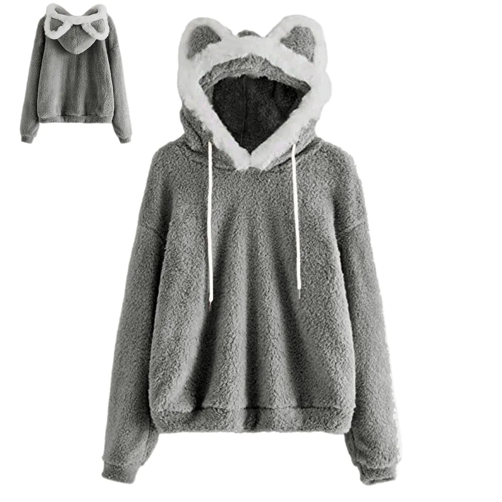 Streetwear Long Sleeve Cat Bear Ear Hoodies Solid Color Fuzzy Plush Hoodies Outwear 3D Animal Ear Fleece Sweatshirt Women