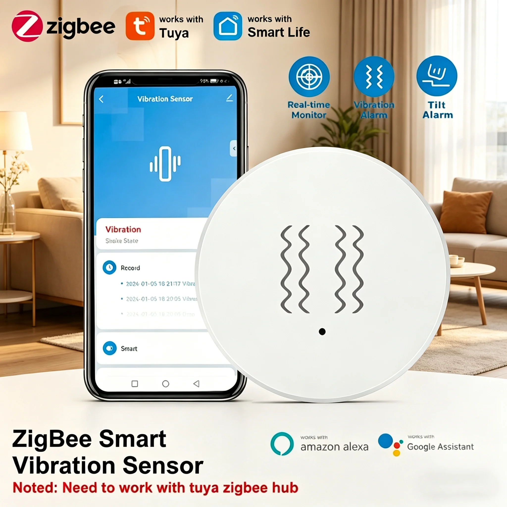 

Датчик вибрации Tuya Zigbee, круговой датчик обнаружения, приложение Smart Life, уведомления, оповещение о движении и ударах в реальном времени, запись