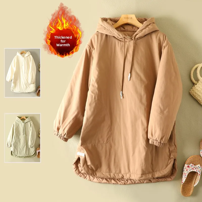 

Теплая толстовка с хлопковым наполнителем, длинная све, осенне-зимняя женская одежда больших размеров, повседневная удобная толстовка с завязками по подолу и разрезом...