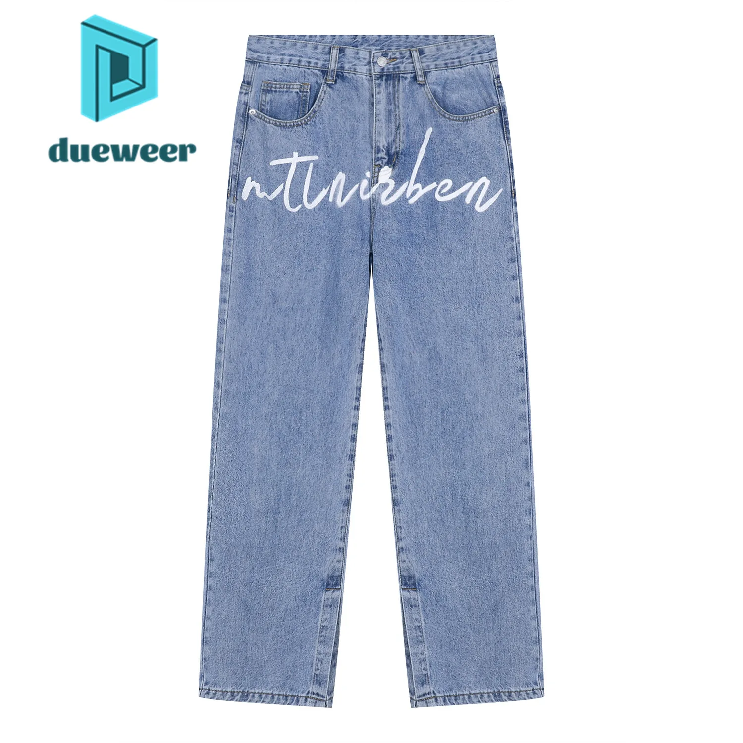 

DUEWEER Mens Letter Graffiti Design Slit Jeans Baggy Straight Distressed Trousers Hip Hop High Waisted Denim Pants Streetwear