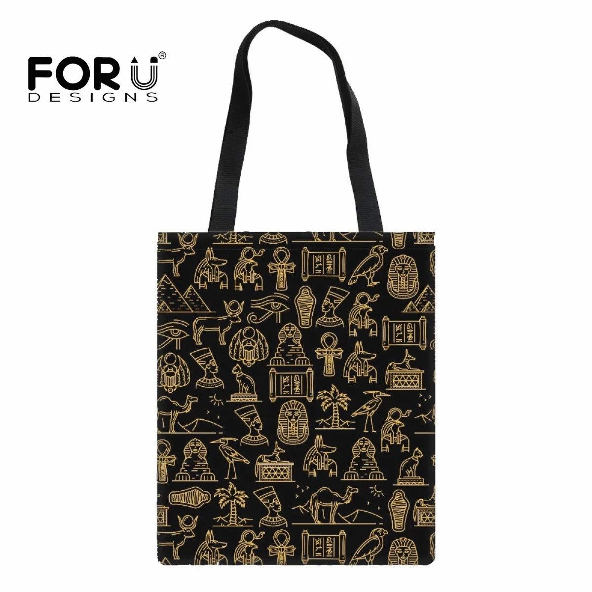 FORUDESIGNS Women's Canvas Bag Totes Bags Egyptian Hieroglyph Printing Shopper Shopping Bags Handbag Girls Casual Book Bags