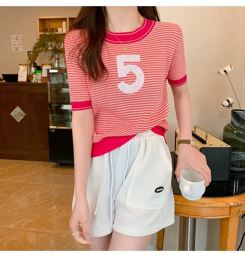 2023 Summer Striped Knitted Sweater Tshirt Women Short Sleeve O-neck Pullover Tops Vintage Fashion Chic Ladies Jumpers Tees