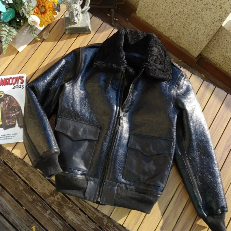 

Elegant fashionable and casual sheepskin fur one-piece leather coat