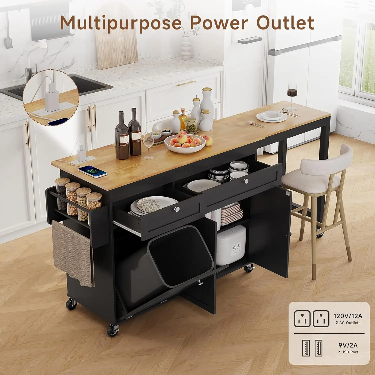 Kitchen Island with Storage Extendable Table & Power Outlet, Customized