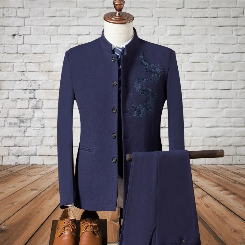 

KIDWHXR Man 2-piece Outfit Stand Collar Embroidery Single-breasted Blazer Men Straight-leg Pant Male Slim Wedding Suit Sets