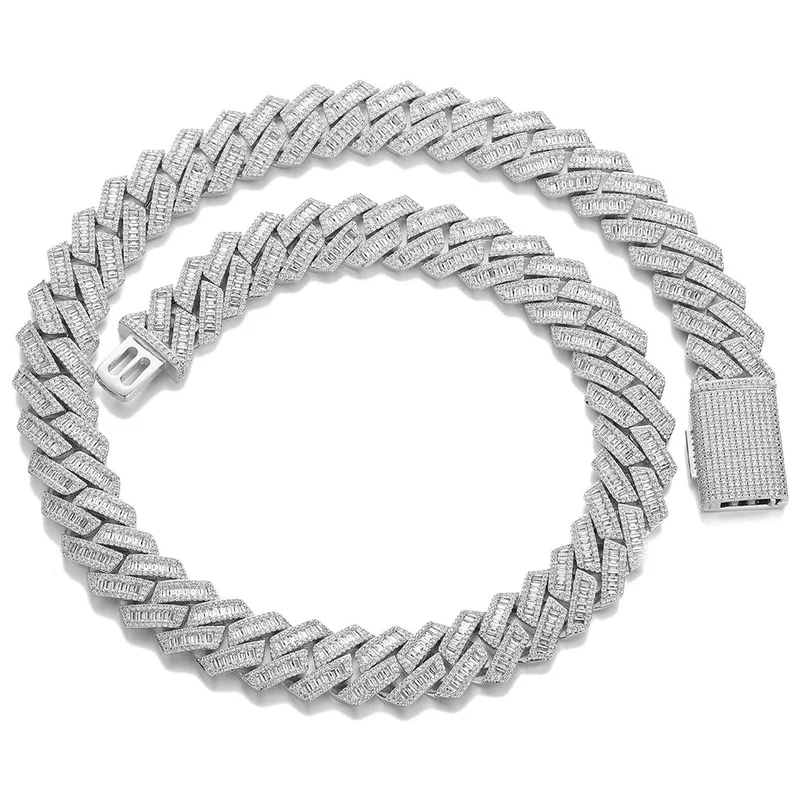 Baguette Iced Out Cuban Link Chain Silver Plated 5A CZ Miami Curb Necklace Bling Rapper Jewelry Men Women Party Street Wear Gift