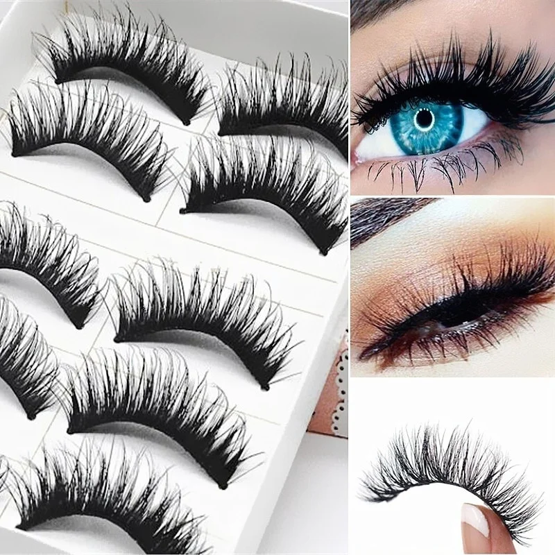 5 คู่/ชุด ขนตาปลอมทำมือ ขนตาปลอมธรรมชาติ ยาว หนา นุ่ม เหมือนจริง 3 มิติ อุปกรณ์แต่งหน้า