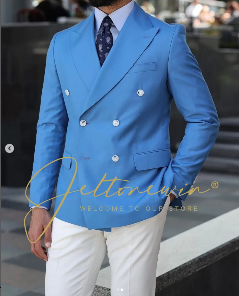 

Мужской ярко-синий двубортный костюм, комплект из двух предметов, приталенная официальная одежда для свадьбы, жениха, вечеринки, делового случая