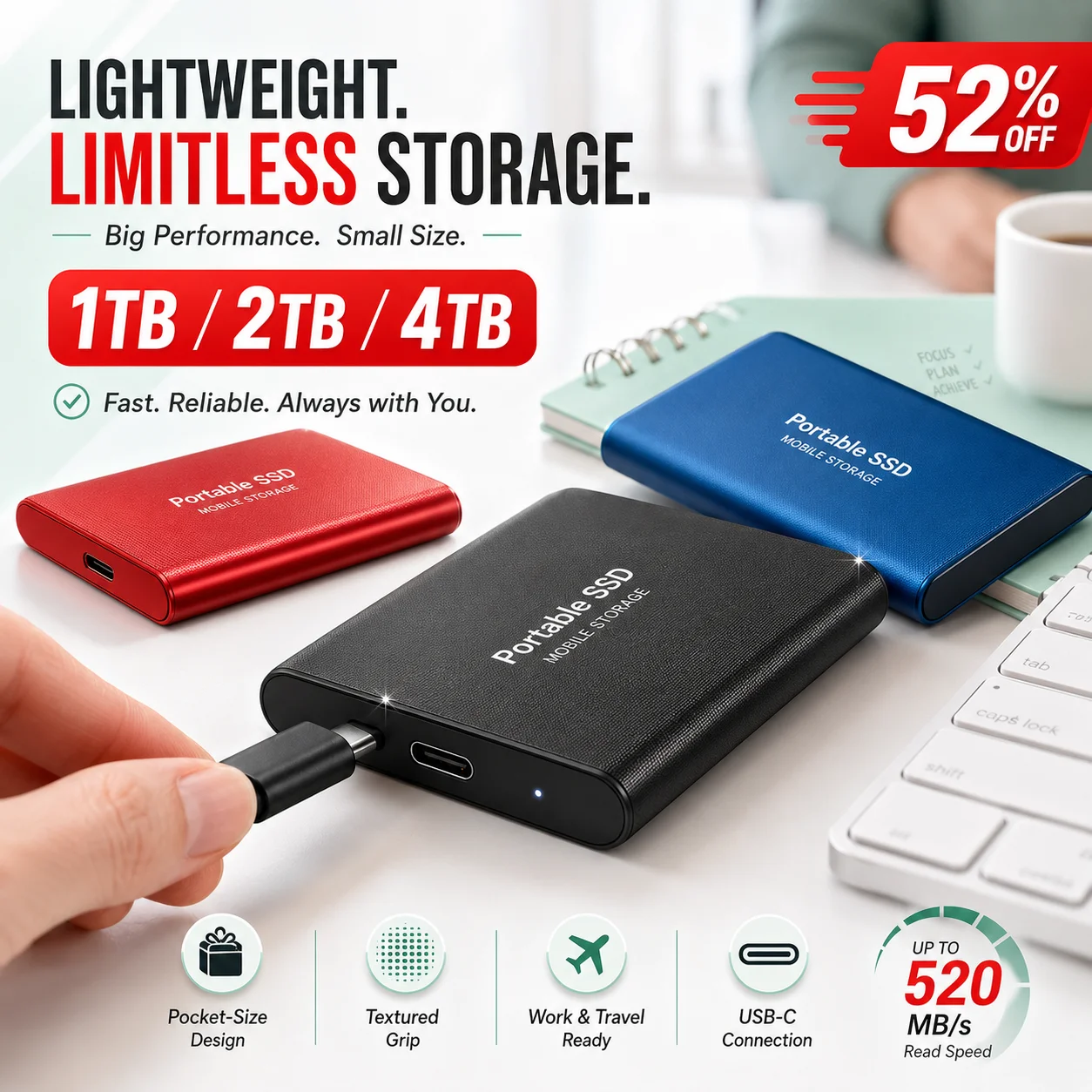 1TB External Hard Drive 2TB Portable SSD USB3.0 Type-C Fast Storage for Laptop/Mac/PC