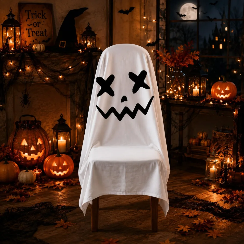 Pumpkin Halloween Chair Cover Soft Skull Pattern Halloween Dinner Chair Seat Cover Stretch Pink Festival Table Decor Kitchen