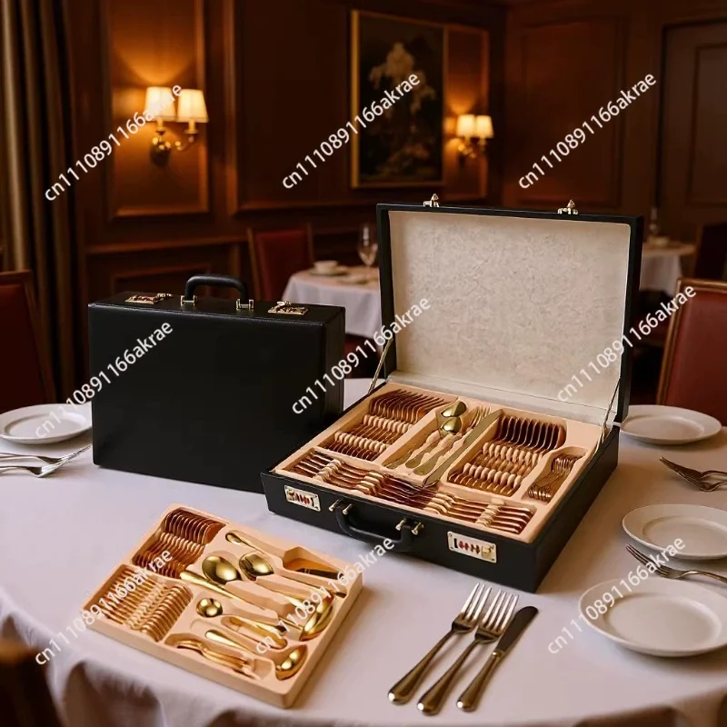 for stainless steel tableware set 84-piece service utensils golden cake tableware gift box