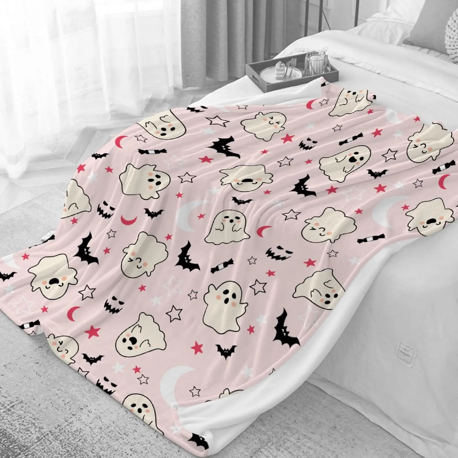 Halloween Blanket for Kids Fun Cute Pink Ghost Bat Printed Halloween Stuff