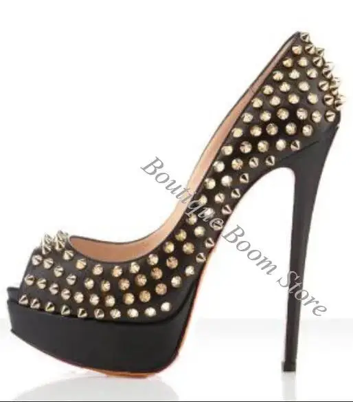 Gold 14cm Super high Heels Platform Pumps Female Rivets Studs Nude Black Patent Leather Peep-Toe Women Wedding Sandals Shoes