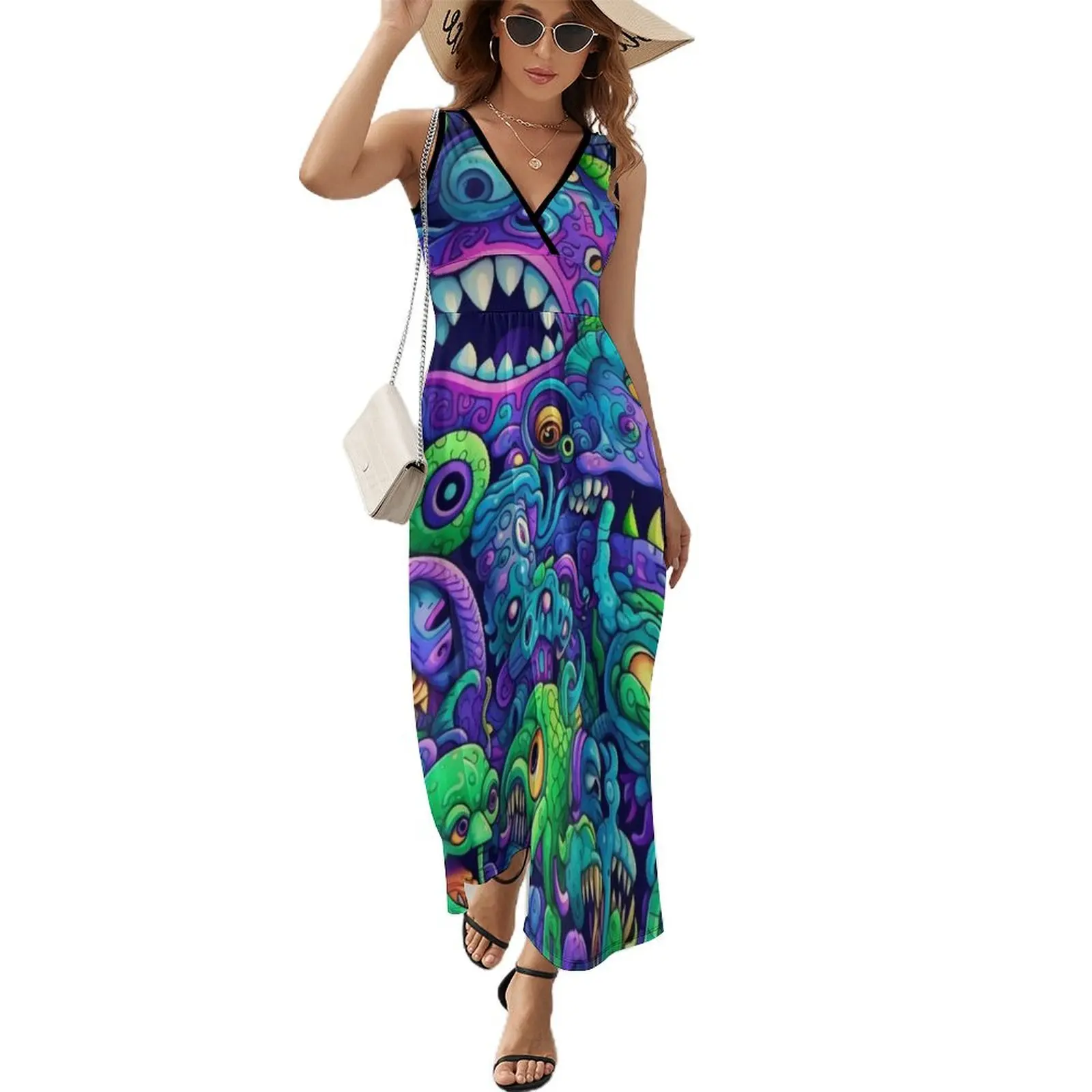 Alien Demon Colorful Doodle Pattern Short-Sleeved Dress chic and elegant woman dress prom dress 2025