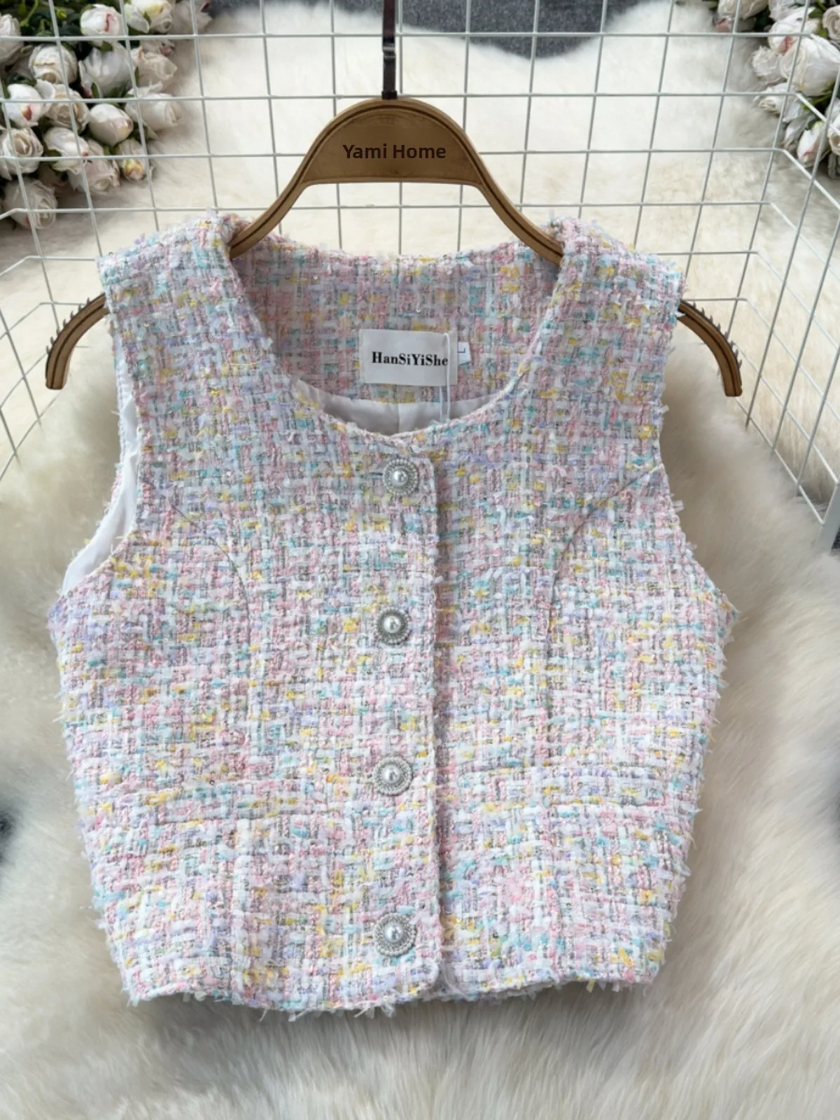 2025년 봄 신상 여성 패션 헤비 울 베스트 재킷 스몰 프래그런스 스타일 슬림 아우터웨어 라운드 넥 버튼 디테일