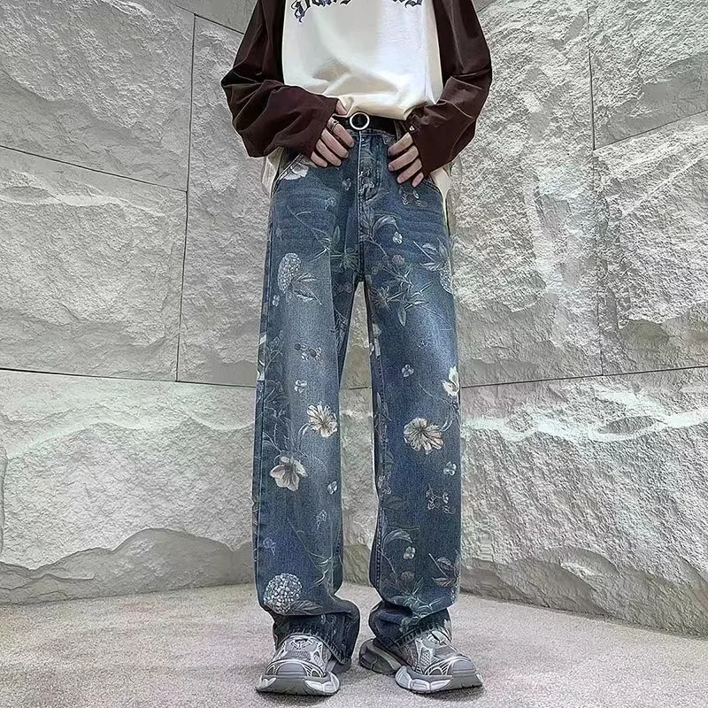 

American retro vintage jeans for men, spring and autumn niche straight leg wide leg explosive street ruffian handsome pants