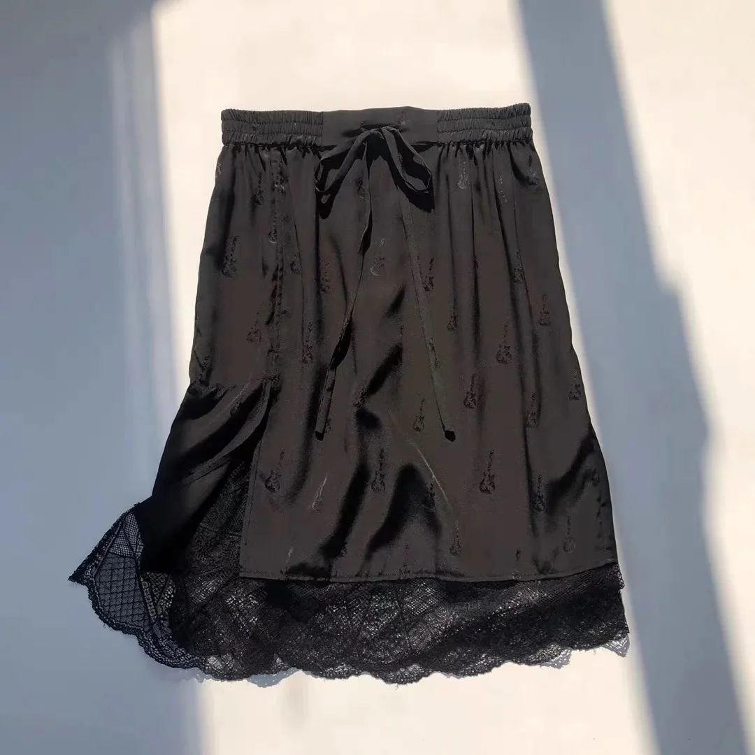 Zwarte vrouwen 100% moerbeizijde rok Franse jacquard viool kant mooie minirok