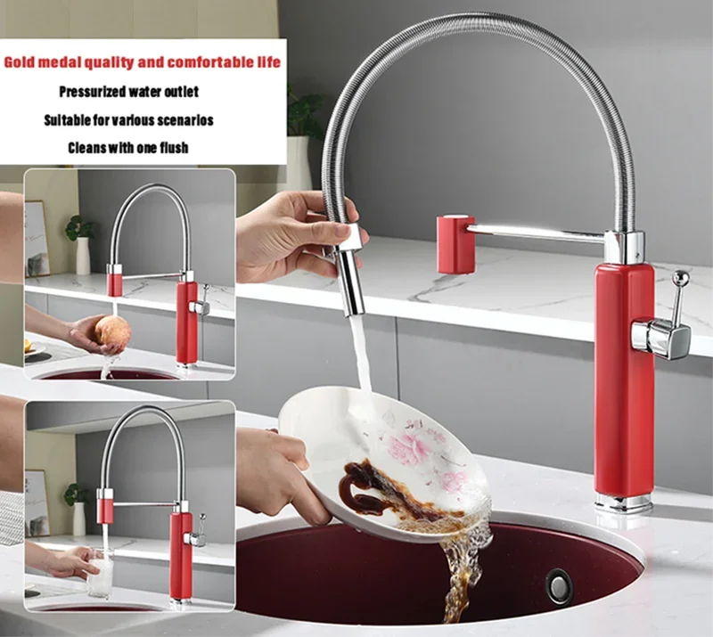 Modern luxury red kitchen faucet with retro design, pull-out water outlet, single handle hot and cold water sink Mixer