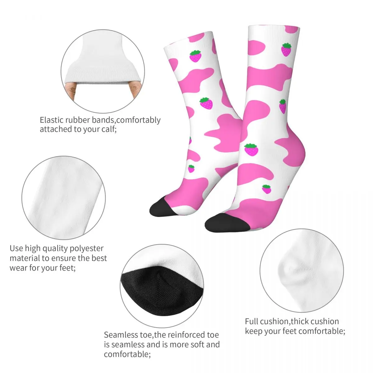 Pink Strawberry Cow Pattern Socks Men's Women's Casual Socks Crazy Spring Summer Autumn Winter Middle Tube Socks Gifts