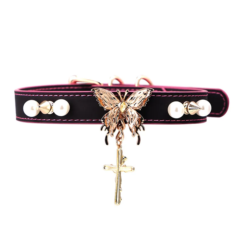 Black & Pink PU Leather Choker with Butterfly & Cross Pendant, Pearl & Spike Studs, Temperature Color Changing Collar Sex Toy