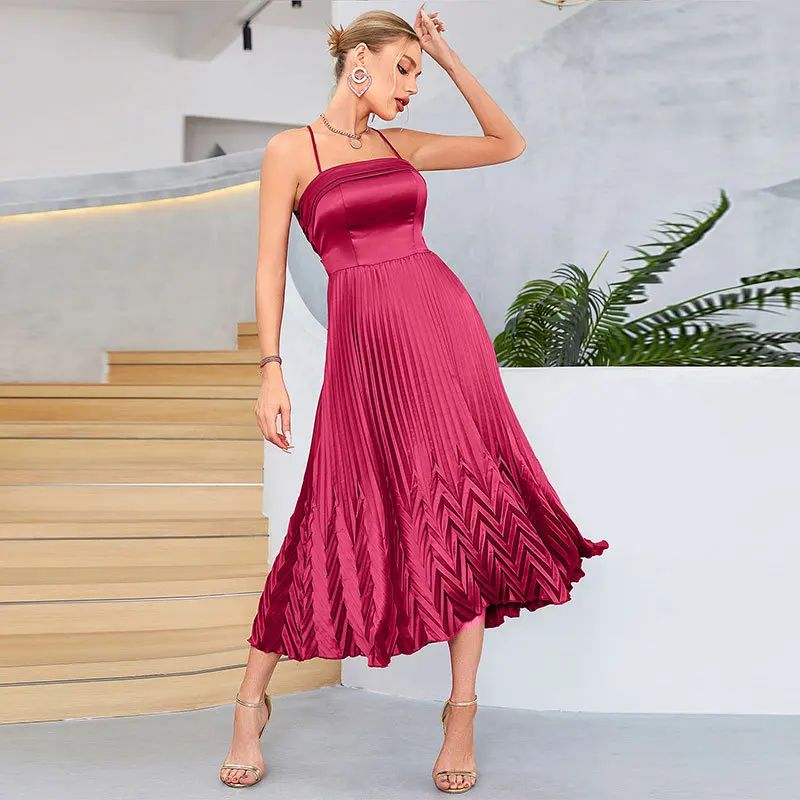 Dress red sexy suspender model party cocktail dress bridesmaid dress new simple temperament high-end women's clothing