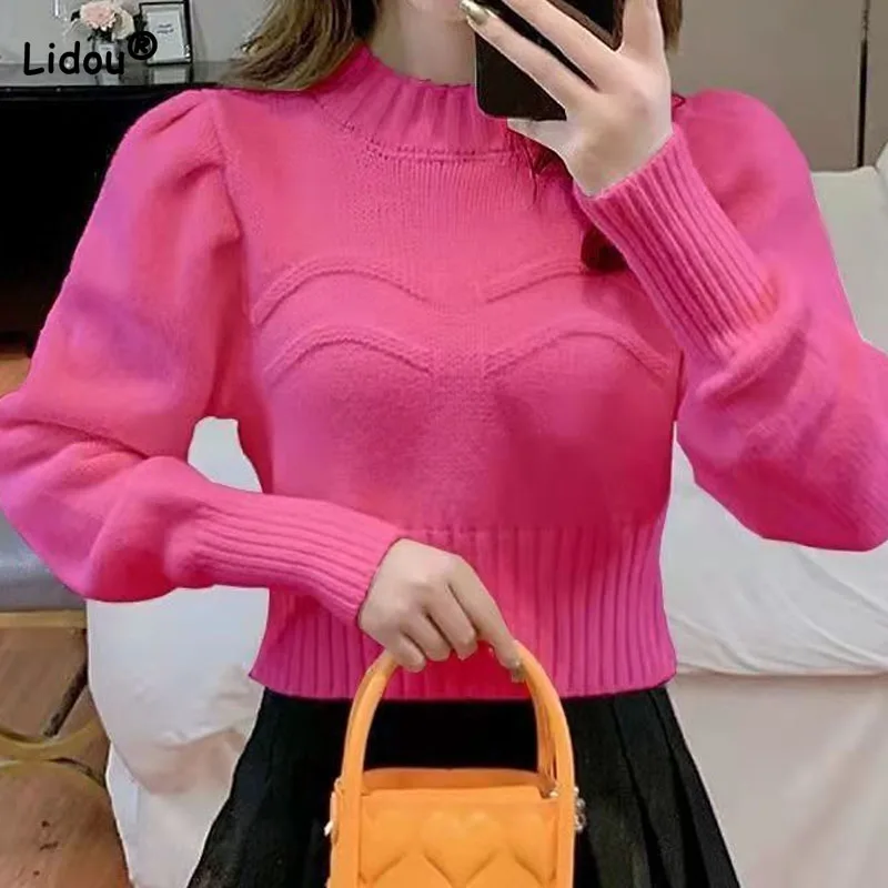 Female Korean Vintage Solid Color Sweaters Autumn Winter Fashion All-match Short Half High Collar Knitted Tops Women\'s Clothing