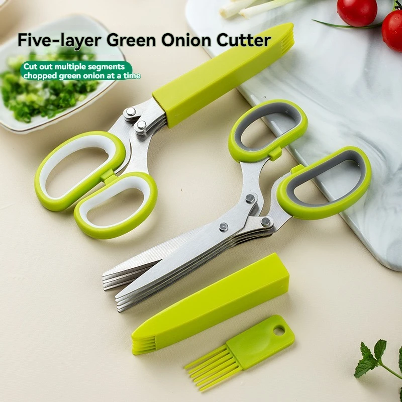 Kitchen Five-Layer Green Onion Scissors Stainless Steel Multi-Functional Shredded Paper Food Scissors Leek Coriander Scissors Fo