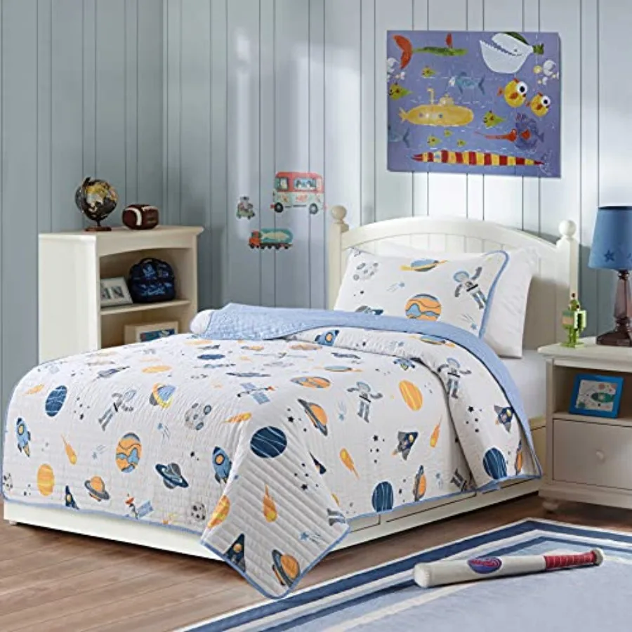 Quilt Set - Size with 2 Shams Rocket and Planet Galaxy Themed Bedding Solar System and Astronaut Design Outer Space Quilted Bed