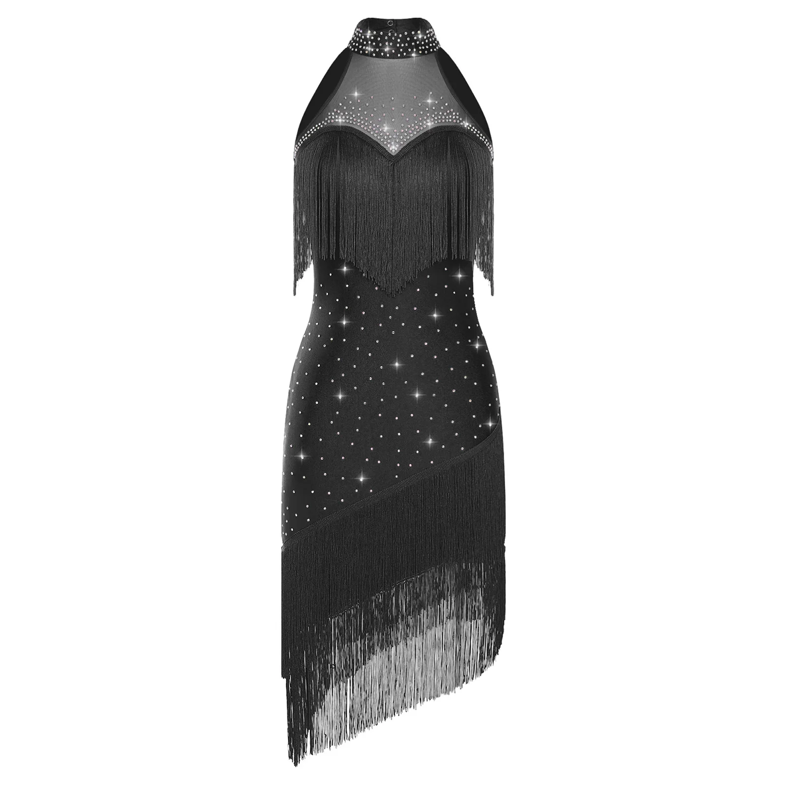 

Women Tassel Latin Tango Belly Dance Dress Halter Sleeveless Rhinestones Fringe Dress for Dance Classes Competitions Performance