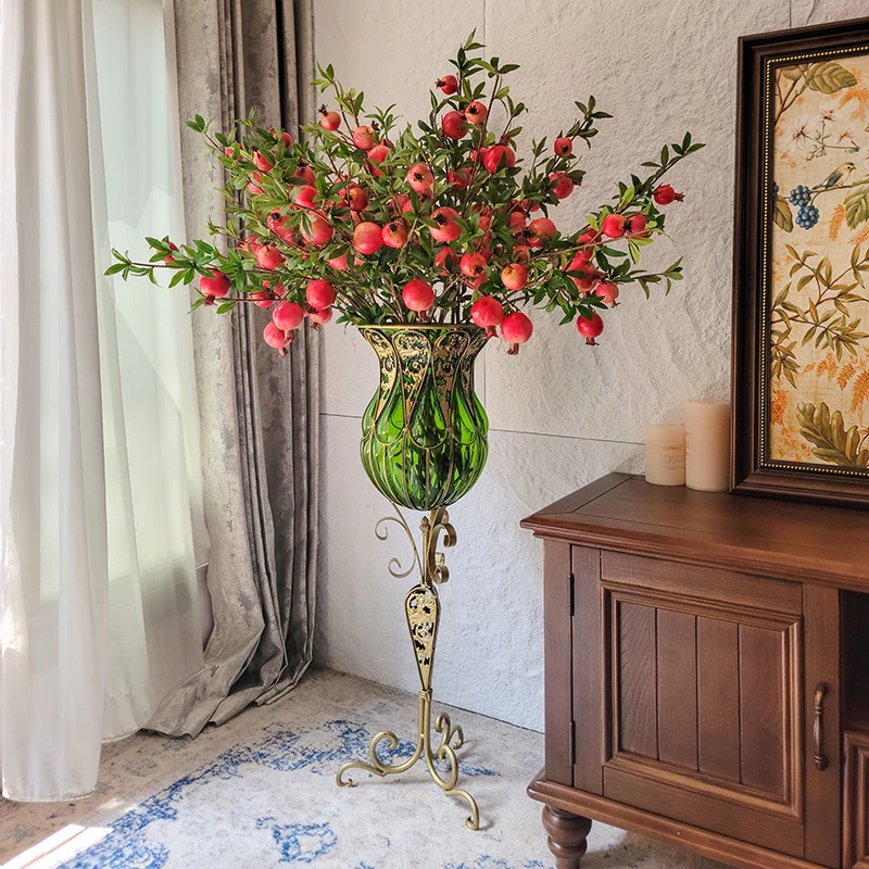 

New Chinese living room floor-to-ceiling glass vase wrought iron festive red simulated flower housewarming opening gift