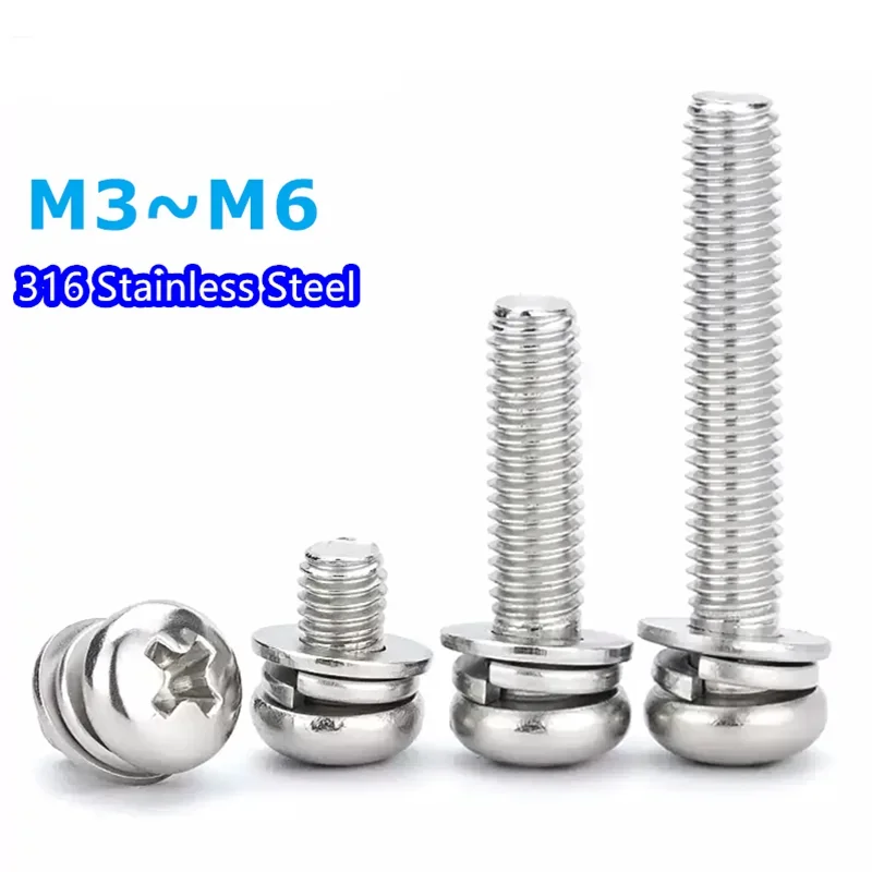 M3 M4 M5 M6  316Stainless Steel Cross Round Phillips Pan Head SEM Screw Flat Washer Spring Gasket Assemble Bolt