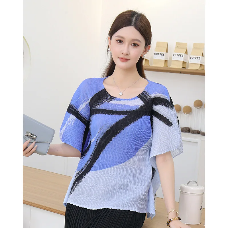 Miyake plissé à la mode multicolore contraste imprimé T-shirt été nouveau à manches courtes polyvalent Stretch minceur hauts femmes