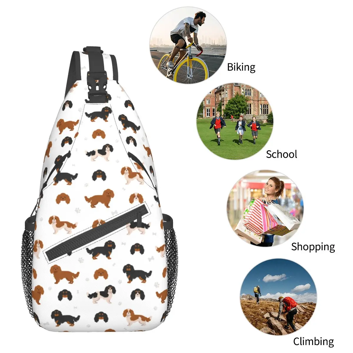 Cavalier King Charles Spaniel Sling Bag Peito Crossbody Ombro Sling Mochila Caminhadas Viagem Daypacks Bonito Animal Dog Cool Bag