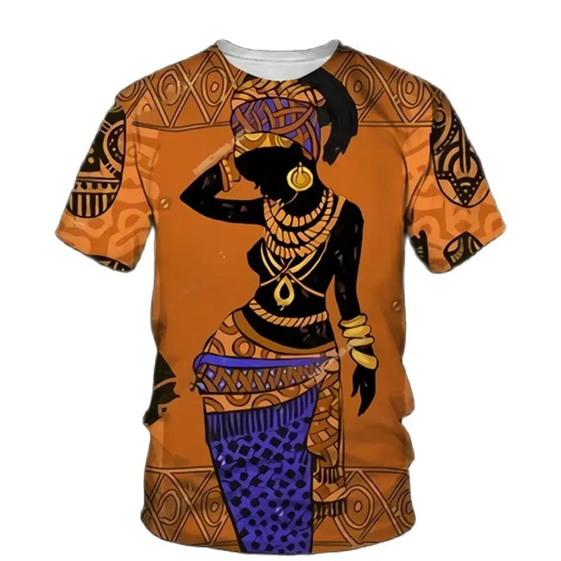 Camiseta de manga curta com padrão de dança africana masculina, tendência retrô, moda lazer diário, estilo esportivo, tops soltos com gola redonda confortáveis