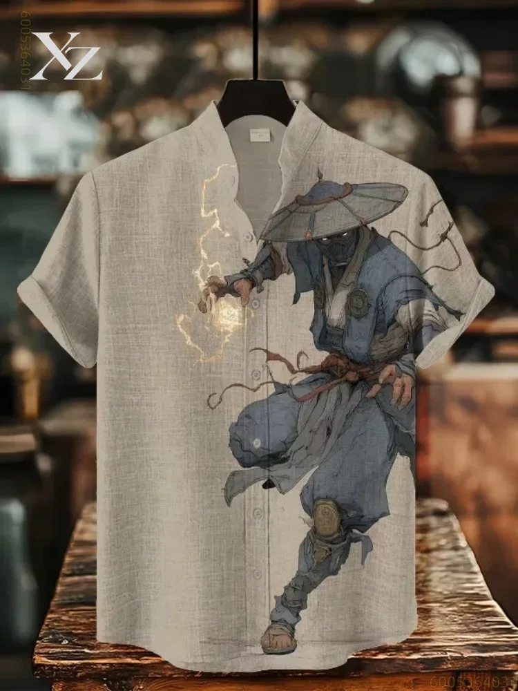 Men's Short Sleeve Stand Collar Hawaiian Shirt with Ninja Print, Comfortable & Fashionable for Travel and Commuting