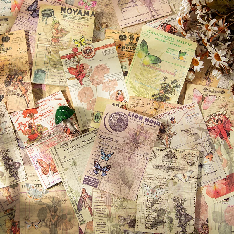 Retro Collage Base Paper, Flor Vermelha Azul Rosa, Butterfly FairyFairy Material, Selo Scrapbook Decoração, 50 Pcs