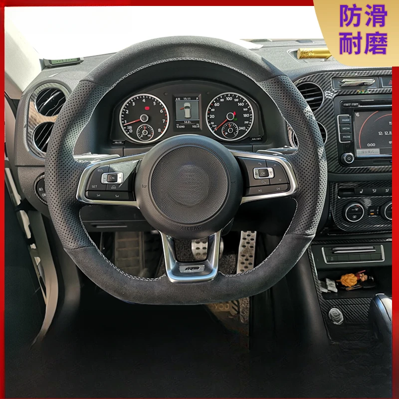 Hand-Stitched D-Shaped Genuine Leather Suede Steering Wheel Cover for VW Golf 6/7 GTI Lamando Polo Scirocco Tayron