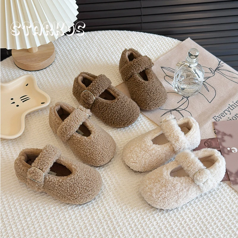 

Soft Lambswool Shallow Ballet Flats Kid Girl Winter Warm Teddy Fur Buckle Strap Mary Janes Baby Child Brand Design Fluffy Shoes