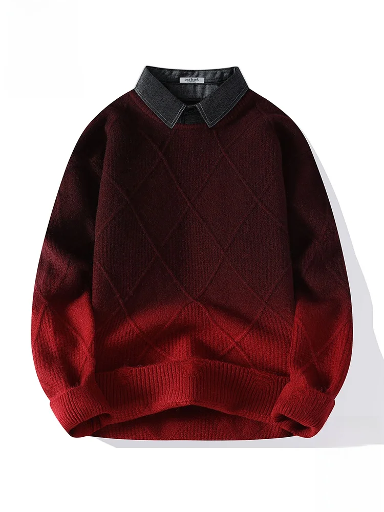 

Мужской вязаный свитер Paul Frank свободного кроя, красный, с эффектом двухслойности, с длинными рукавами, воротником-поло и анималистическим принтом