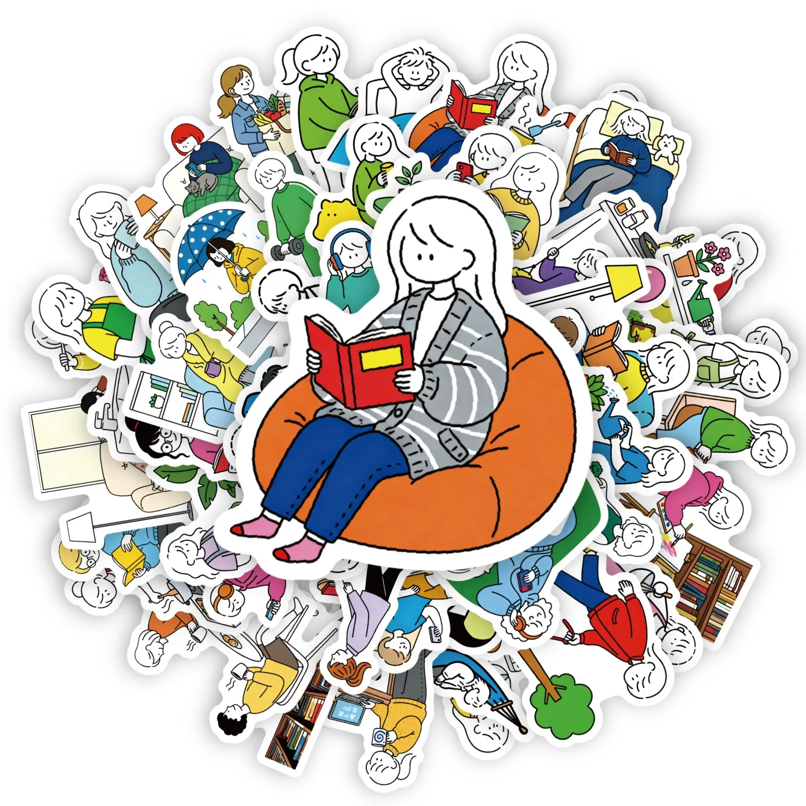 50 PCS Cozy Daily Life Character Stickers Korean Ins Aesthetic Simple Cartoon Decals Journal Planner Phone Case Water Bottle