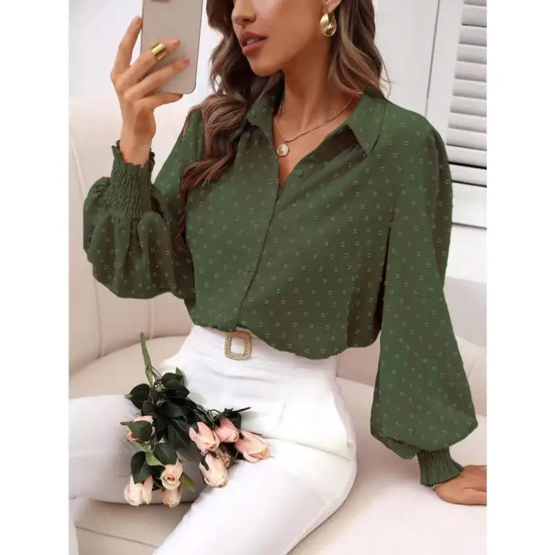 

Casual Women's irt 50309 Polka Dot Button Front Lantern Sve round Ne Polyester Fabric Seven Sve Length Fce Lined